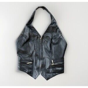 Wilsons Black Leather Halter Top Size XS Zip VTG